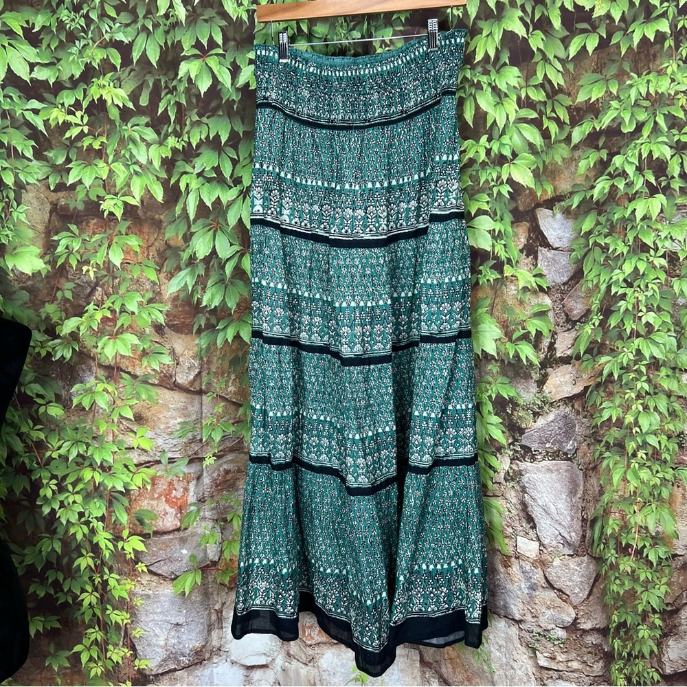 M.A.B.E. Mari Boho Patterned Green Shirred Maxi Skirt, M - Picture 13 of 16